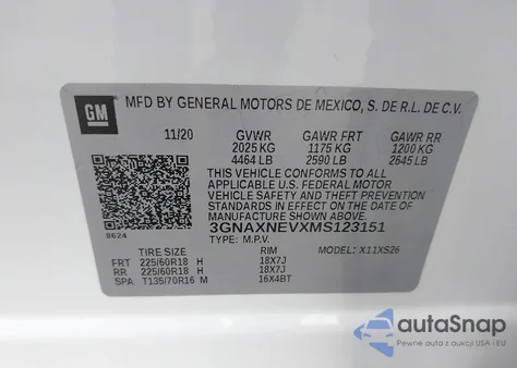 2021 Chevrolet Equinox Fwd Premier из США, поврежденный, VIN 3GNAXNEVXMS123151